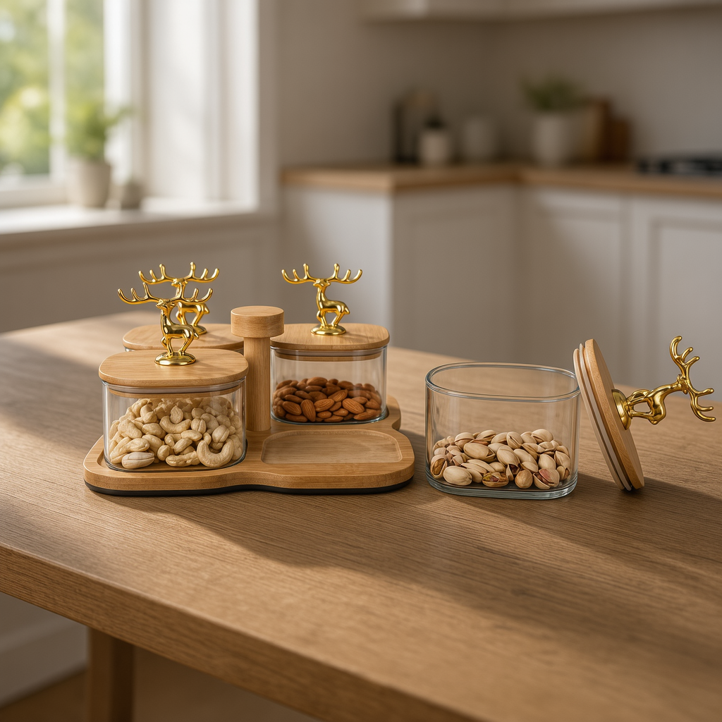4 Glass Jars with Gold Deer Handle Lids and Carrying Base