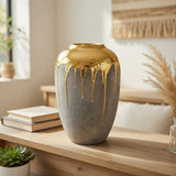 Elegant Matte Grey & Liquid Gold Ceramic Vase