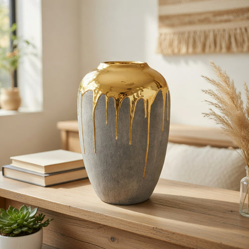 Elegant Matte Grey & Liquid Gold Ceramic Vase