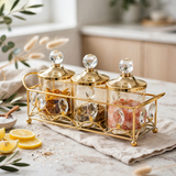 3 Piece Gold Jar Set with Crystal Knobs and Serving Tray