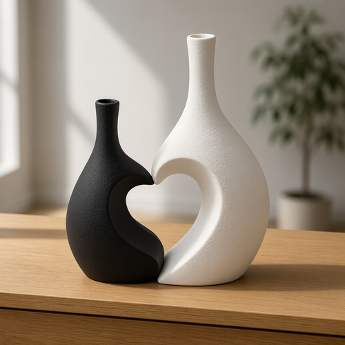 Black and White Interlocking Heart Vase Set