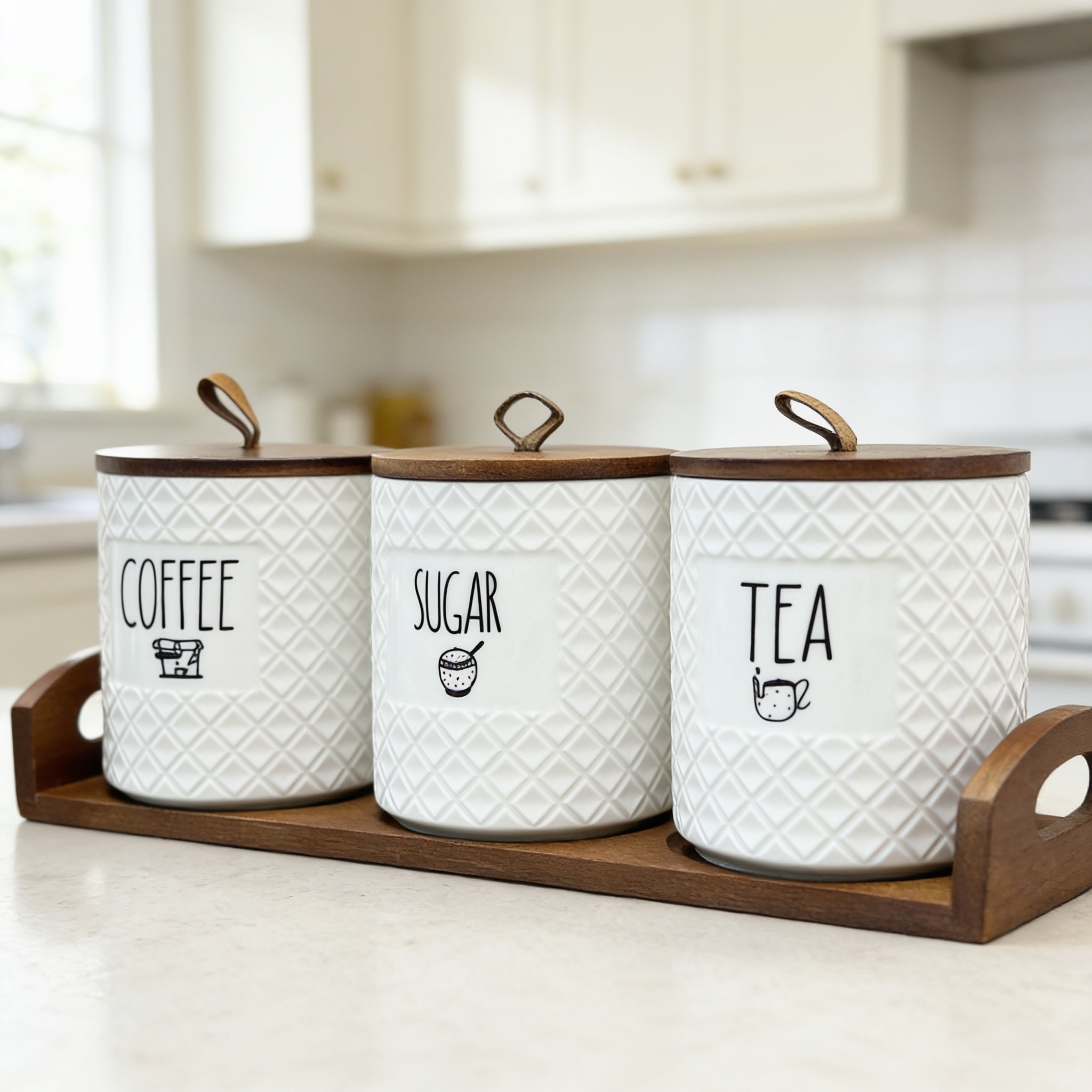 Minimalist Glossy White Storage Jars with Tray Set of 3