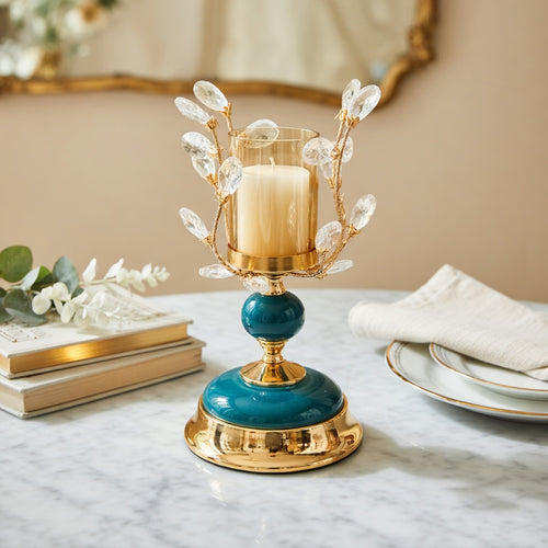 Imperial Teal & Gold Crystal Branch Candle Holder