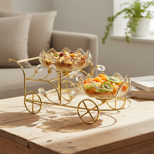 Luxury 2-Tier Lotus Glass Serving Bowls with Gold Cart