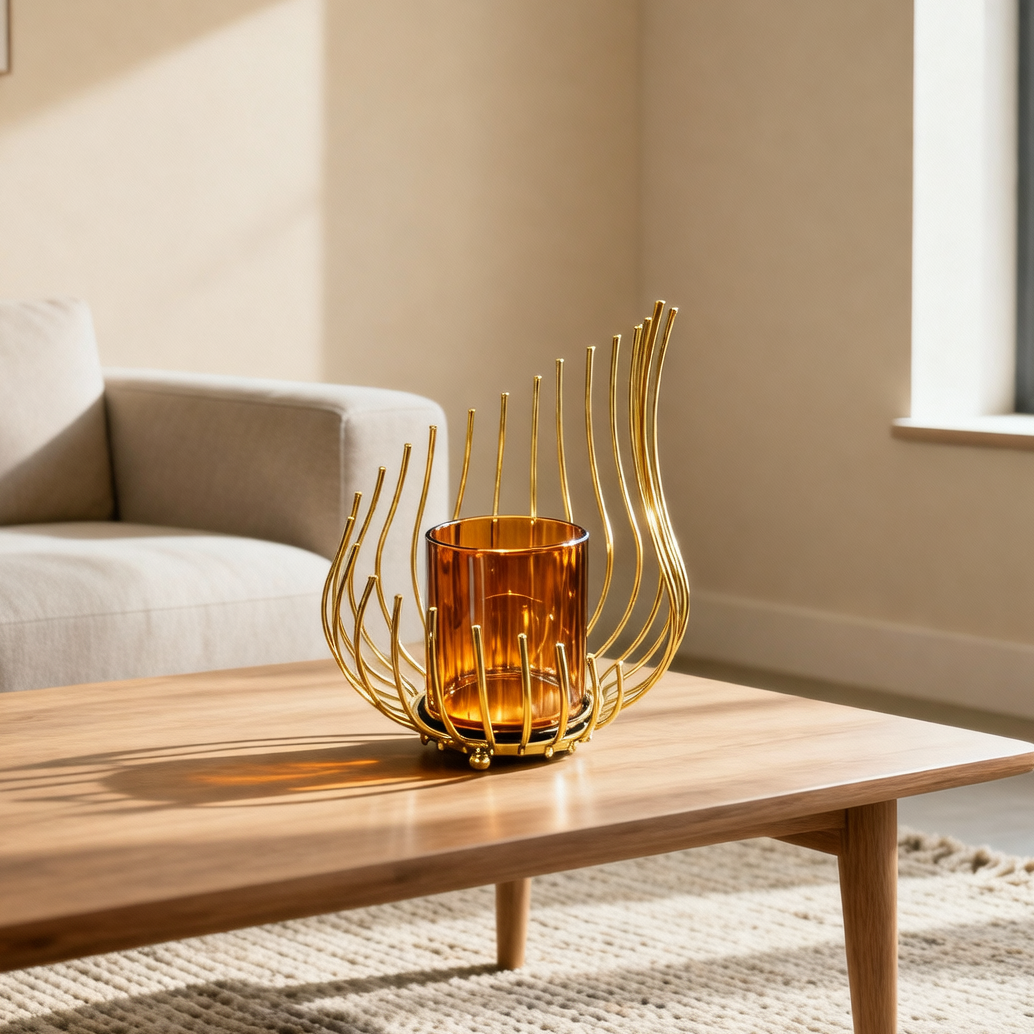 Elegant Gold Metal & Glass Decorative Candle Holder