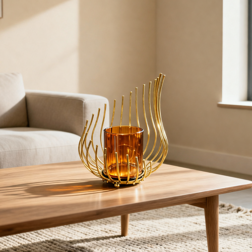 Elegant Gold Metal & Glass Decorative Candle Holder
