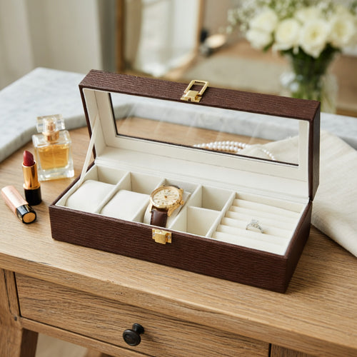 6 Slot Classic Brown Watch Box with Display Window