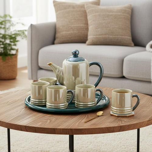 Luxury Green & Peral Ceramic Tea Set with Tray 8 Piece