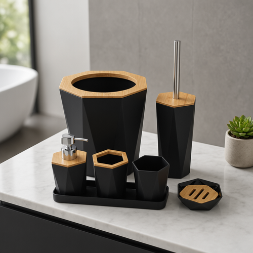 6 Piece Matte Black Geometric Bathroom Set