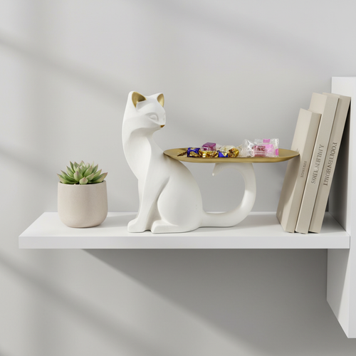 Minimalist Cat Sculpture with Gold Tray