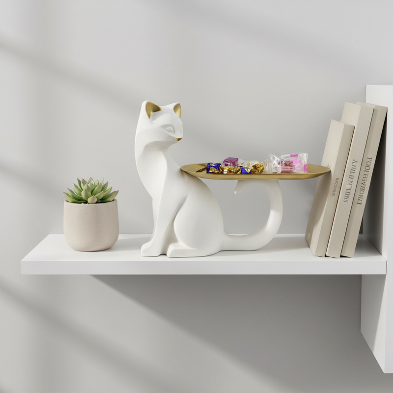 Minimalist Cat Sculpture with Gold Tray