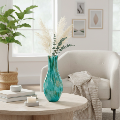 Elegant Turquoise & Gold Swirl Glass Vase