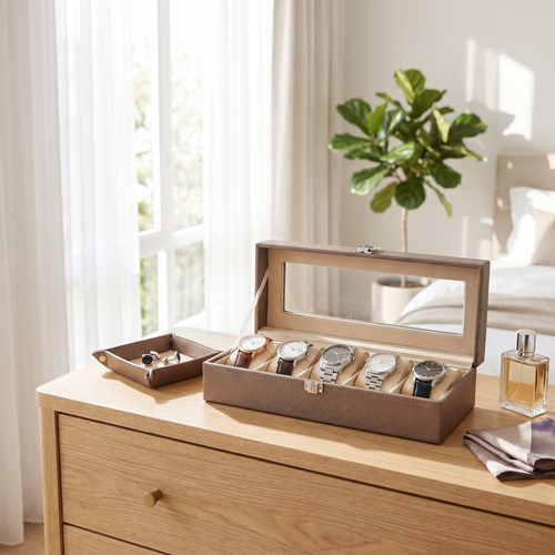 Elegant Metallic Gold Watch Organizer Box 6 Slot
