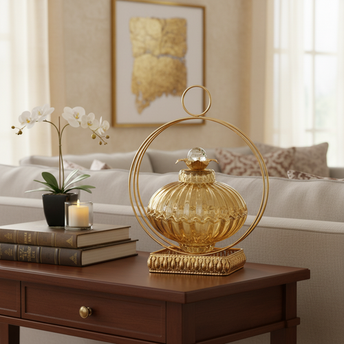 Majestic Glass Decorative Jar with Circular Metal Frame