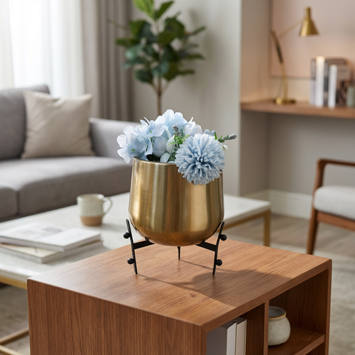Mid Century Metallic Vase with Black Accent Stand
