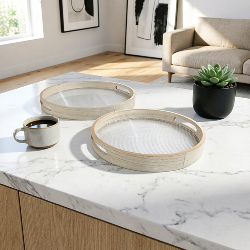 Round Wooden Serving Tray with Fluted Base Set of 2
