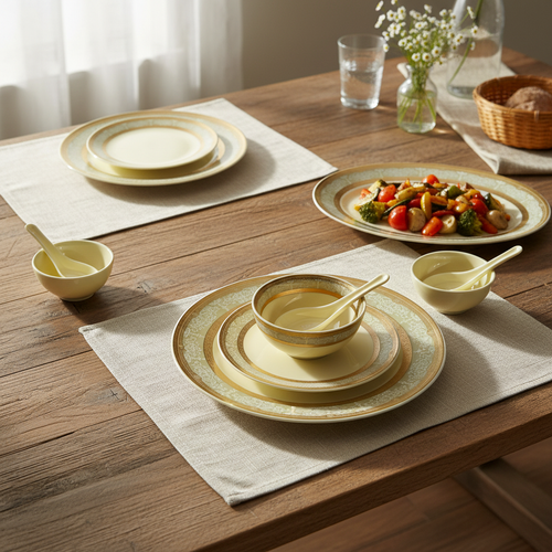 Elegant Ivory & Damask Gold Rim Fine Dinnerware Set 35 Pcs