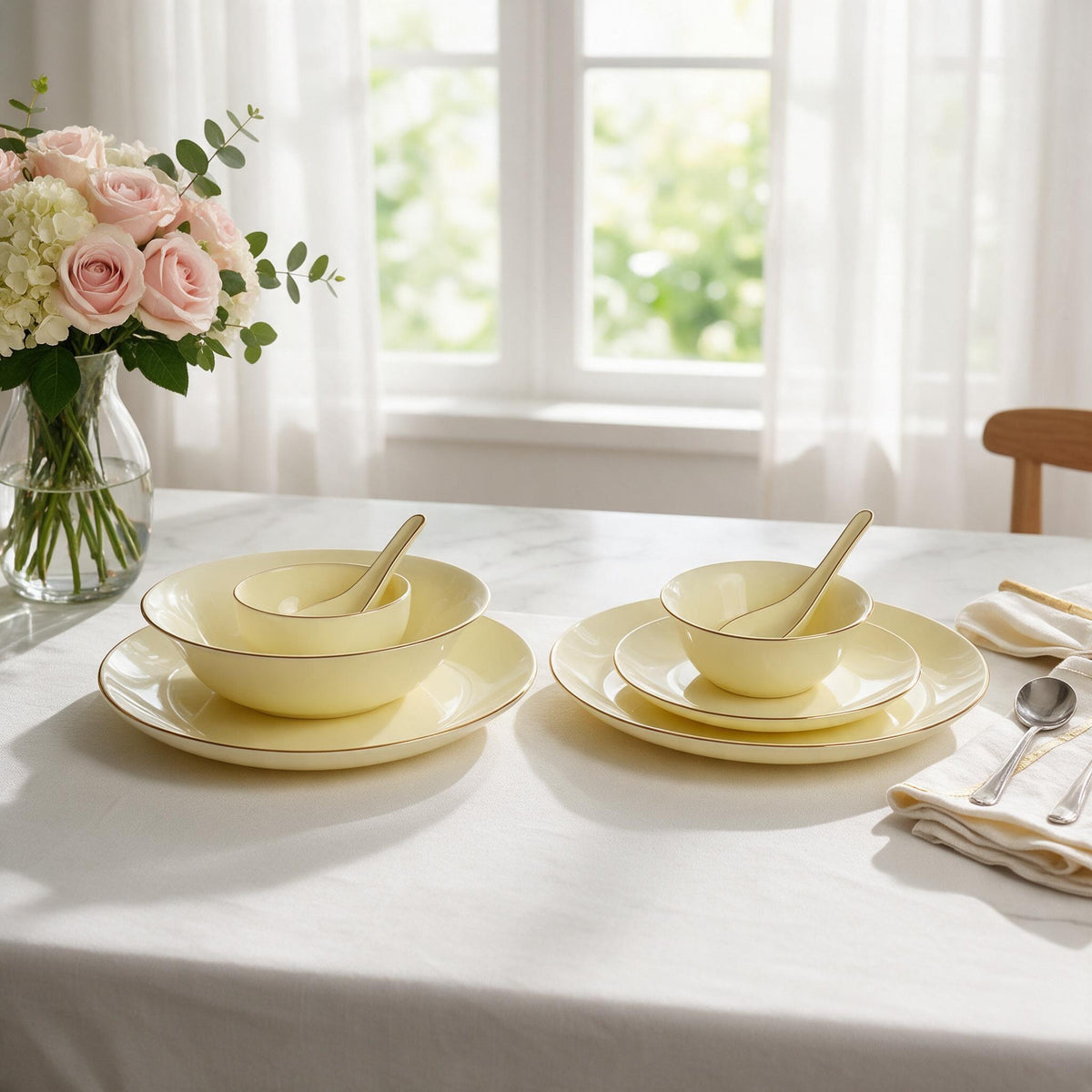 Modern Vanilla Opal Dinnerware Set with Gold Accents 33 Pcs