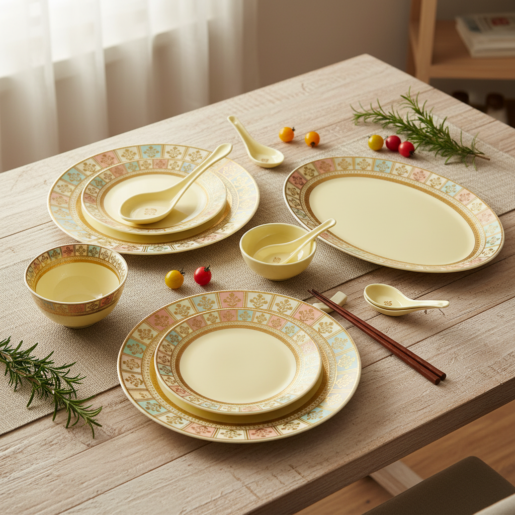 Imperial Pastel Mosaic & Gold Floral Rim Dinnerware Set 35 Pcs