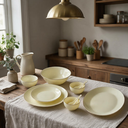 Modern Vanilla Opal Dinnerware Set with Gold Accents 33 Pcs