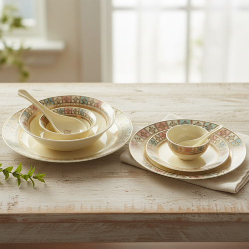 Imperial Pastel Mosaic & Gold Floral Rim Dinnerware Set 35 Pcs