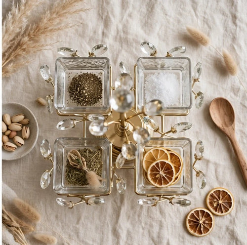 4 Bowl Gold & Crystal Botanical Serving Caddy