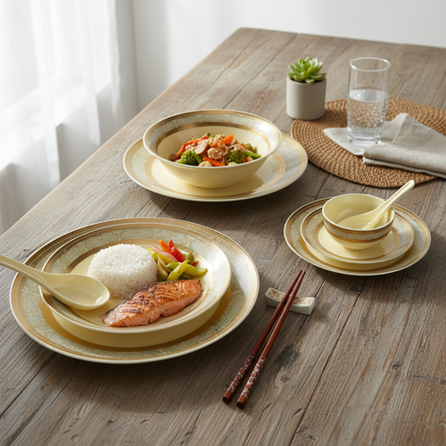 Elegant Ivory & Damask Gold Rim Fine Dinnerware Set 35 Pcs