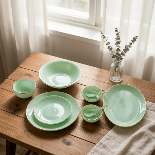Modern Jade Opal Dinnerware Set with Gold Accents 33 Pcs