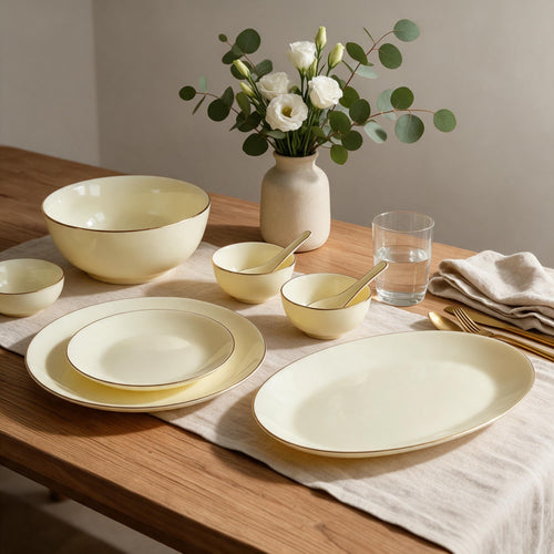 Modern Vanilla Opal Dinnerware Set with Gold Accents 33 Pcs