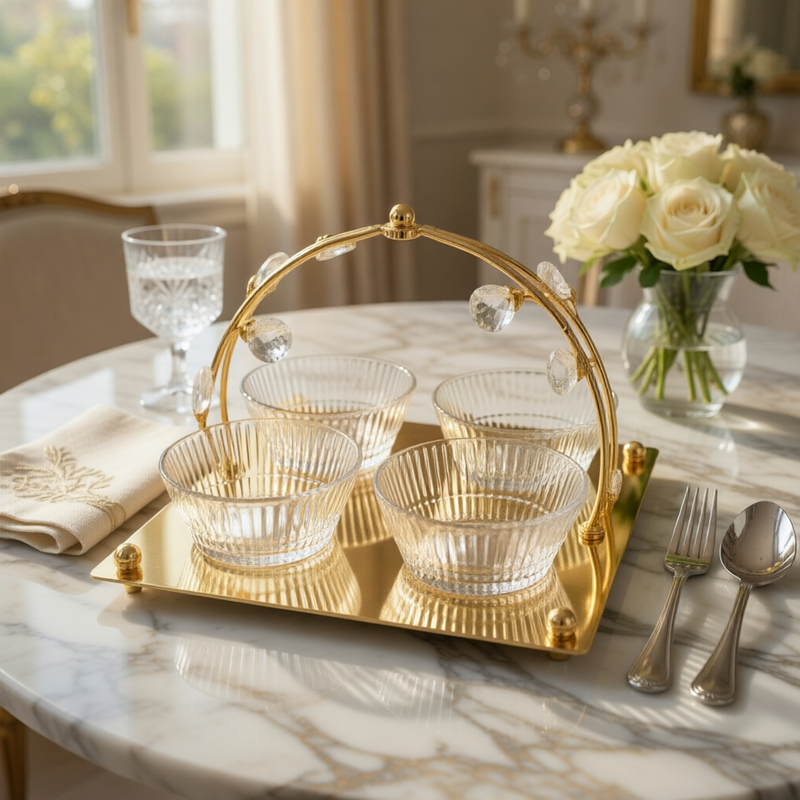 4-Bowl Crystal Serving Set with Decorative Gold Tray & Handle