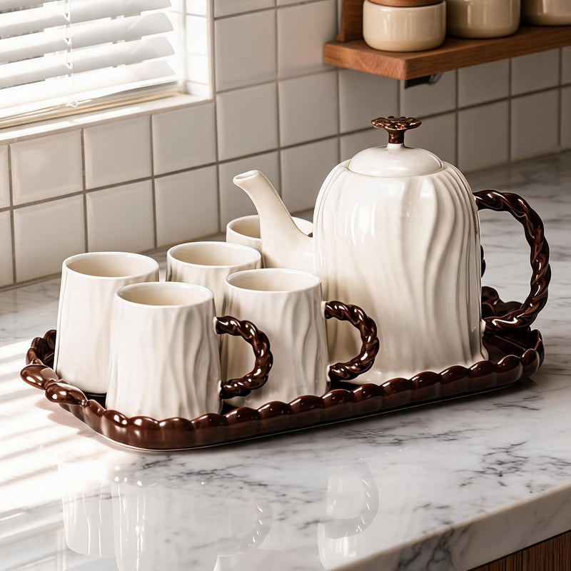 Organic Wood-Grain Textured Tea Set with Braided Handles & Serving Tray