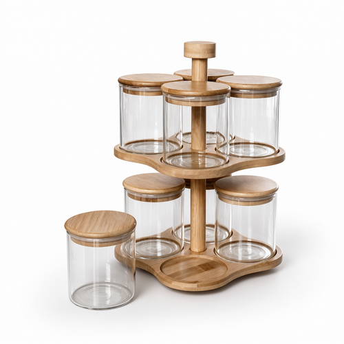 Luxury Glass Spice Carousel Rack with Airtight Wooden Lids