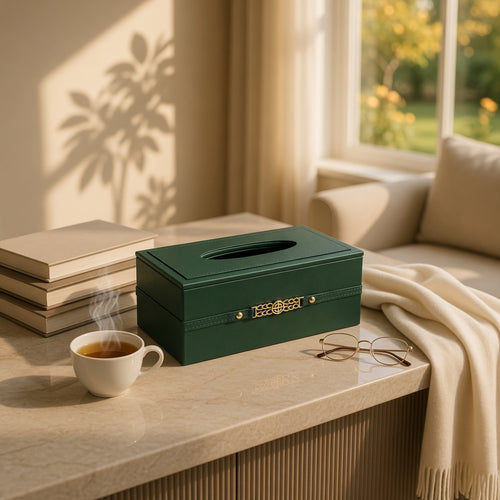 Luxury Emerald Green Tissue Box Cover with Gold Chain Emblem