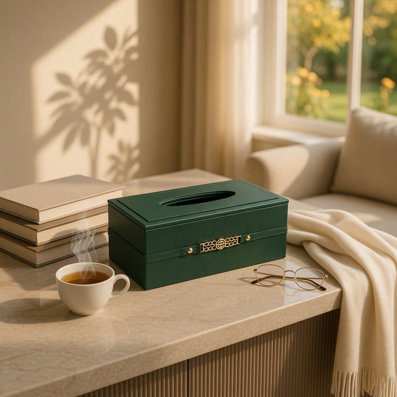 Luxury Emerald Green Tissue Box Cover with Gold Chain Emblem