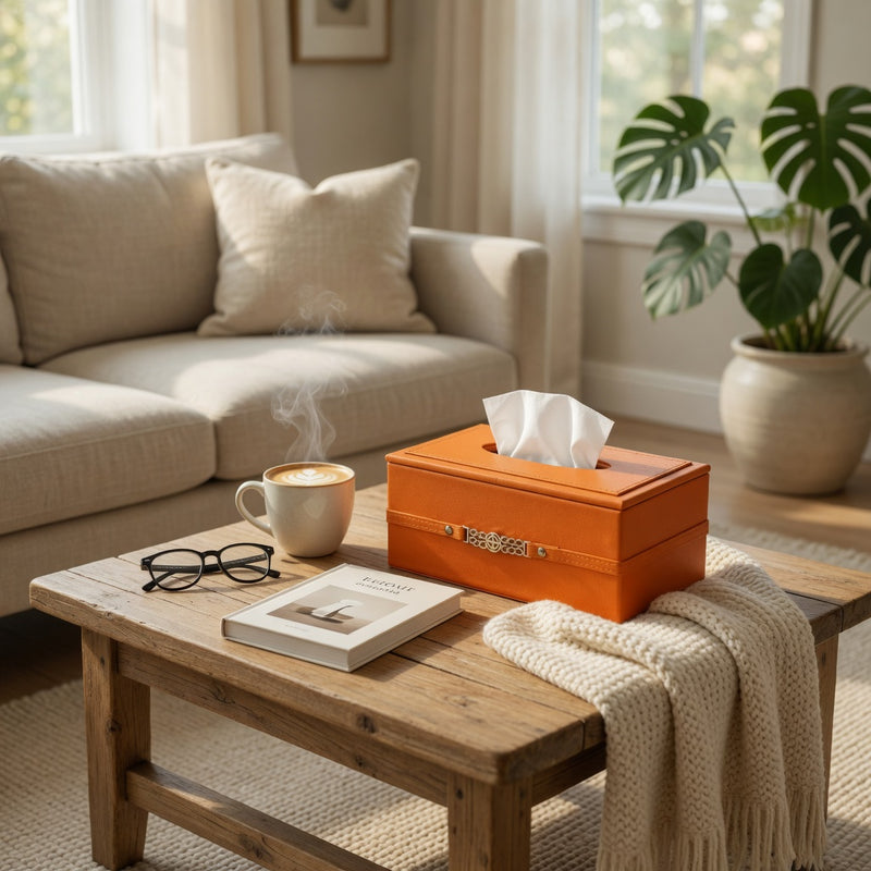 Luxury Burnt Orange Tissue Box Cover with Gold Chain Emblem