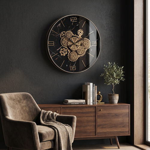 Chronos Black Marble & Gold Gear Wall Clock