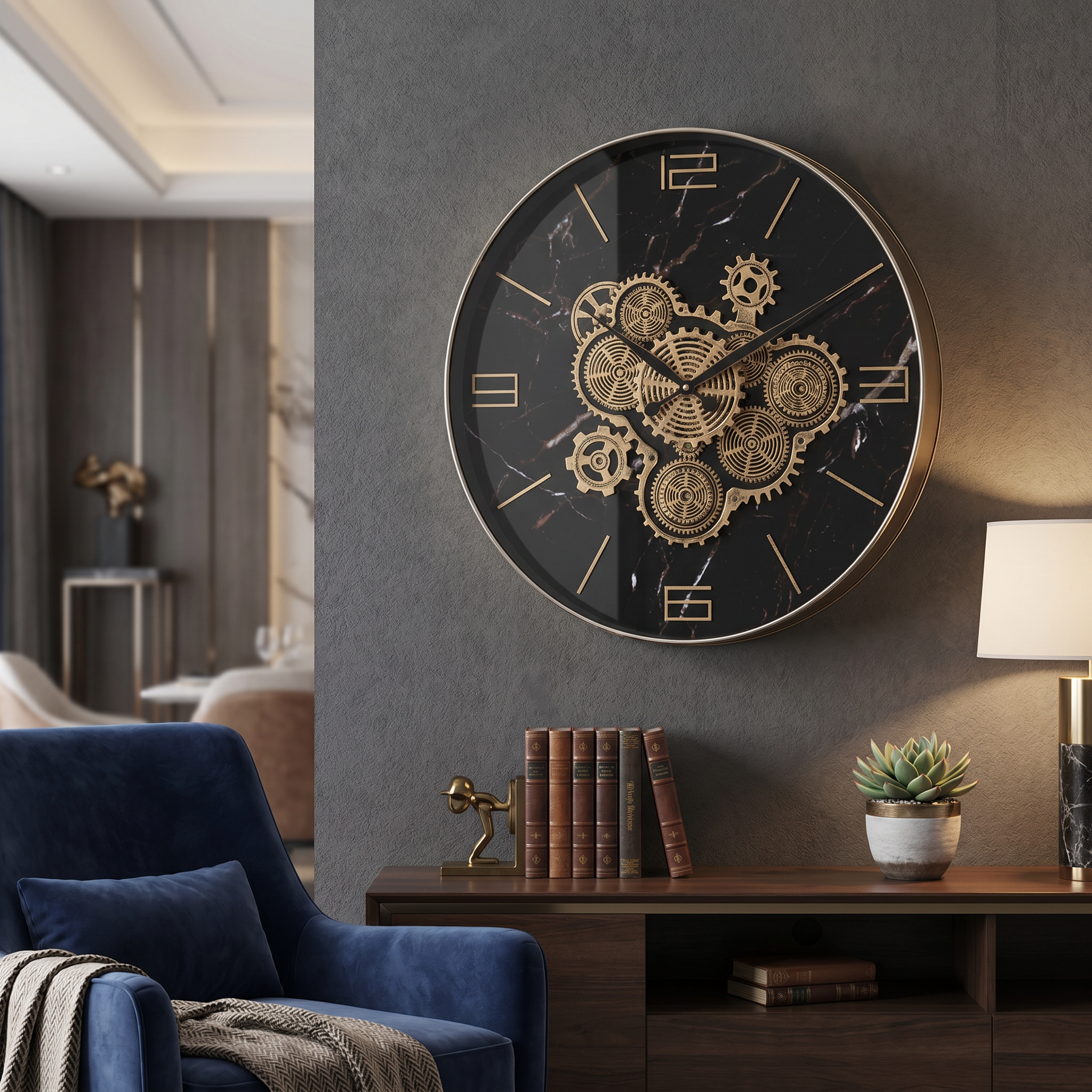 Chronos Black Marble & Gold Gear Wall Clock