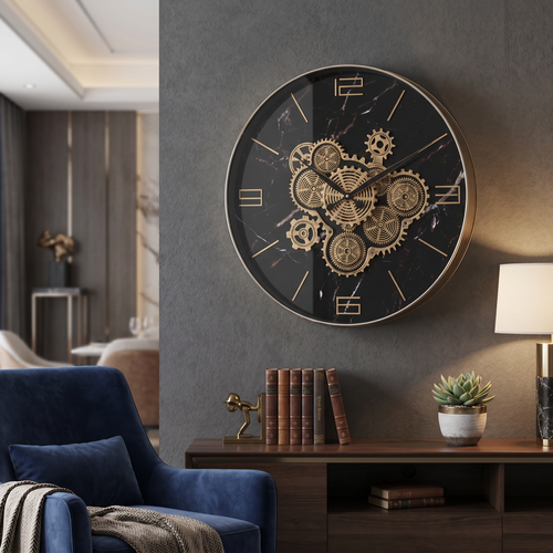 Chronos Black Marble & Gold Gear Wall Clock