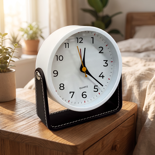 Modern Minimalist Round Tabletop Clock with Stitched Black Leatherette Stand