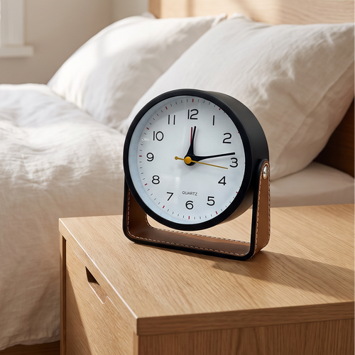 Modern Minimalist Round Tabletop Clock with Stitched Black Leatherette Stand