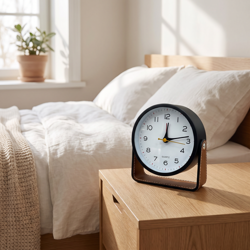Modern Minimalist Round Tabletop Clock with Stitched Black Leatherette Stand