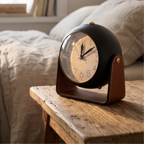 Modern Spherical Desk Clock with Stitched Tan Leatherette Stand – Matte Black