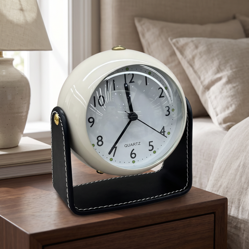 Modern Spherical Desk Clock with Stitched Tan Leatherette Stand – Matte Black