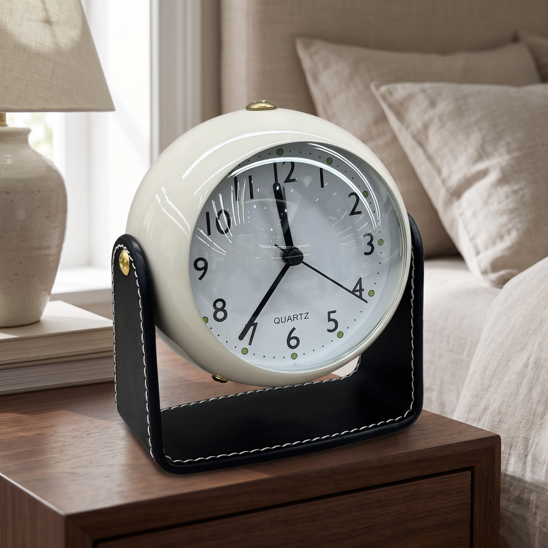 Modern Spherical Desk Clock with Stitched Tan Leatherette Stand – Matte Black