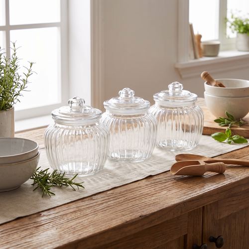 Fluted Crystal Glass Storage Jars with Lids – Set of 3