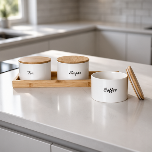 Luxury White Kitchen Storage Jar Set with Natural Wooden Tray Set of 3
