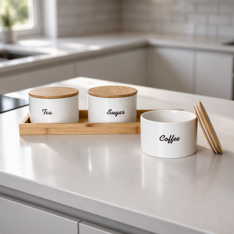 Luxury White Kitchen Storage Jar Set with Natural Wooden Tray Set of 3
