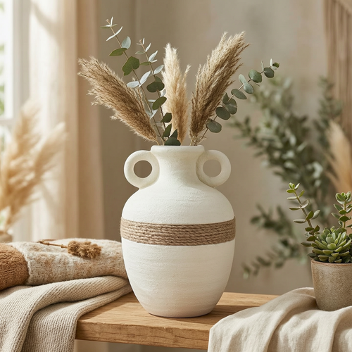 Rustic Round Ceramic Vase with Rope Accent – White Textured Decorative Vase