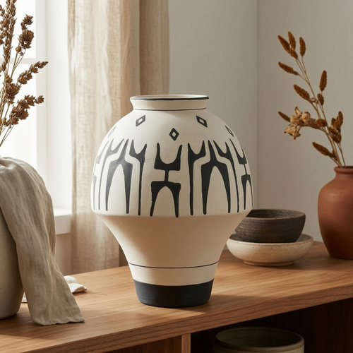Modern Black & White Ceramic Decorative Vase – Hand-Painted Abstract Design