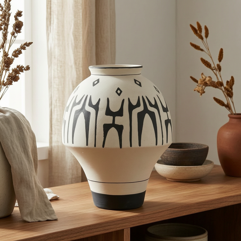 Modern Black & White Ceramic Decorative Vase – Hand-Painted Abstract Design